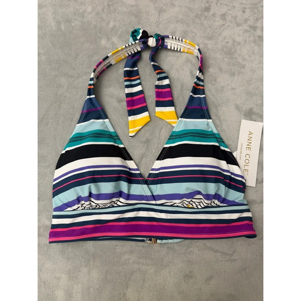 NWT Anne Cole Bikini Top Women Multi Stripe Halter Wrap Swim 25MT122101 L $64